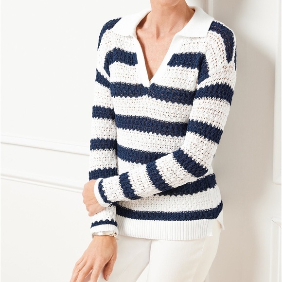 Talbots Sweaters - Talbots Open Knit Johnny Collar Pullover Striped Navy White XL Coastal Nautical
